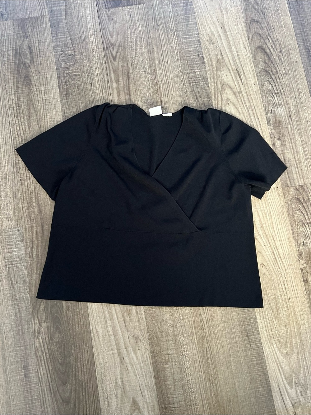 Women's Black Short-Sleeve Faux-Wrap Blouse
